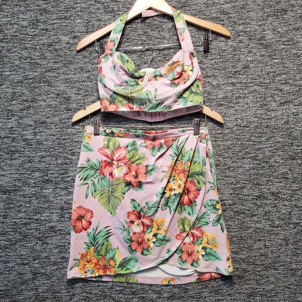 VTG Victorias Secret Skirt Set Womens Medium Pink Tropical Hibiscus Halter Wrap